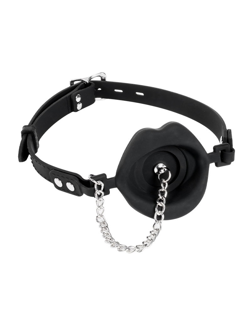 Rimba Bondage Play – Mondknevel met lippen en stopper – Zwart